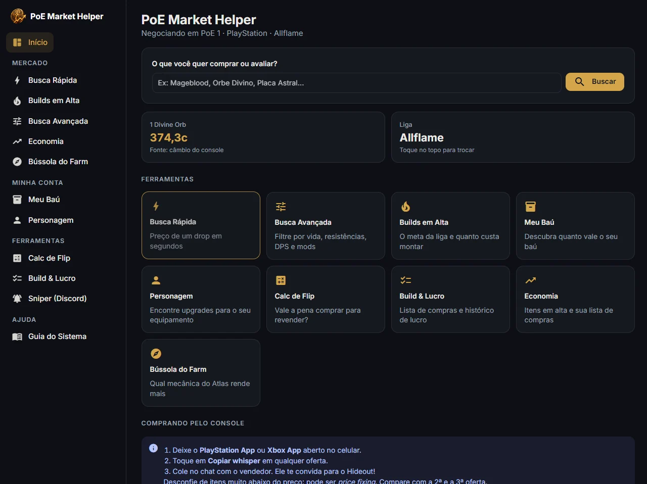 Tela inicial do PoE Market Helper: busca de itens, cotação do Divine Orb, liga atual e as ferramentas do programa